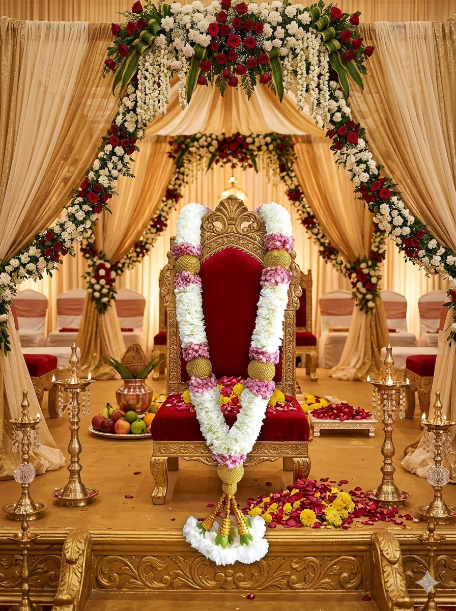 Indian wedding mandap with fresh flower garlands